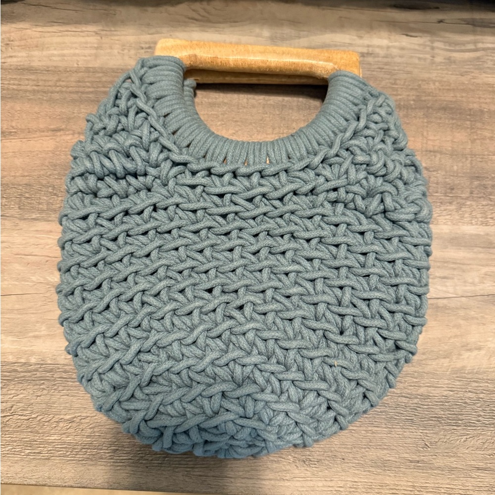 Gray Knit Handbag with Wooden Handle